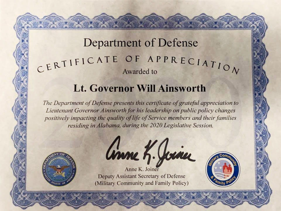 Lt Governor certificate of appreciation
