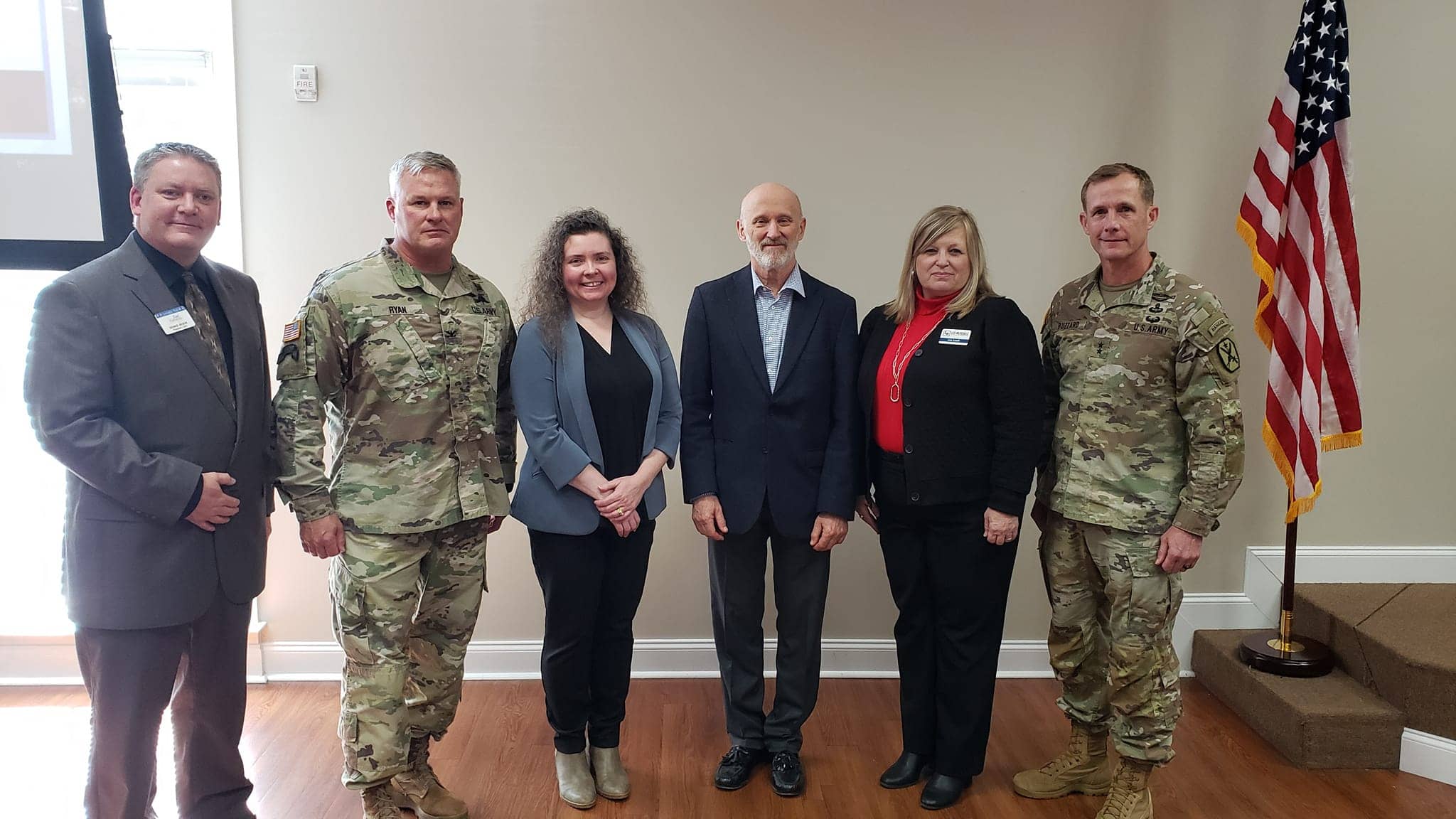 From left to right: East Alabama Chamber of Commerce CEO Dennis Beson, Colonel. Robert Ryan Fort Benning Robotics, Jennifer Holliday Alabama Military Family Liaison, Ted Maciuba Fort Benning Robotics Department, Executive Director of Lee Russell Council of Government Lisa Sandt, and Fort Benning Commanding General Curtis Buzzard